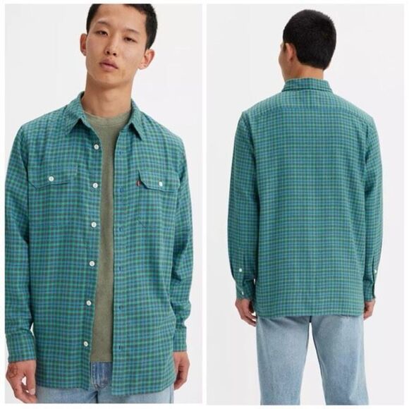 Levi’s Jackson Worker Flannel Overshirt Relaxed Fit Medium Green Blue Slate - Picture 1 of 10